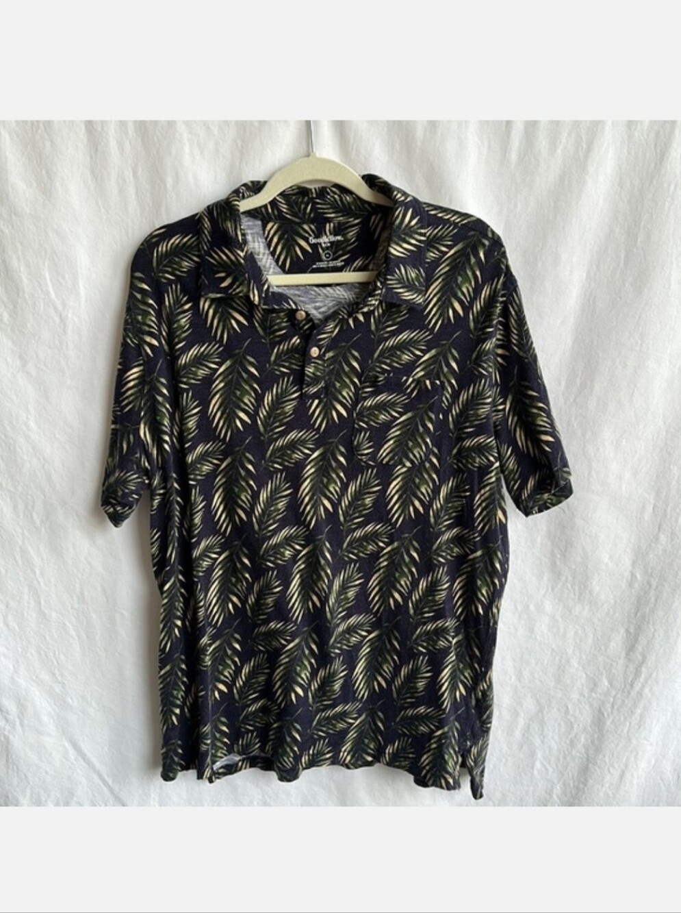 Goodfellow Navy Polo with Olive Leaf Print
